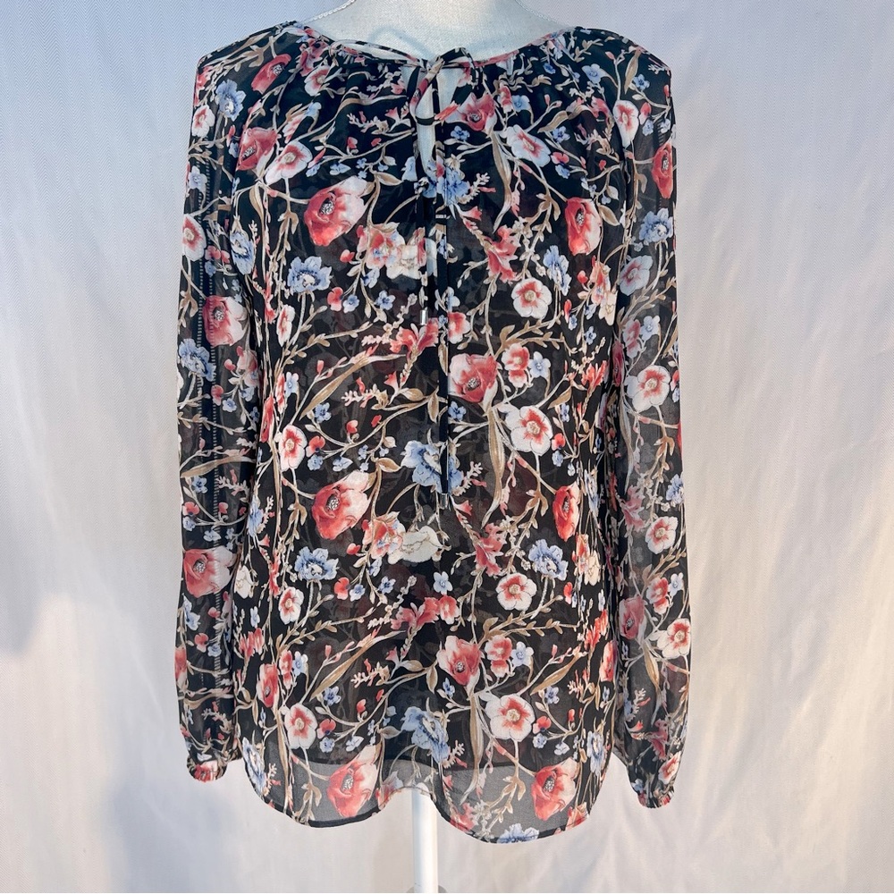 White House Black Market Boho Top Floral Black Multi Color Long Sleeve 2 👍